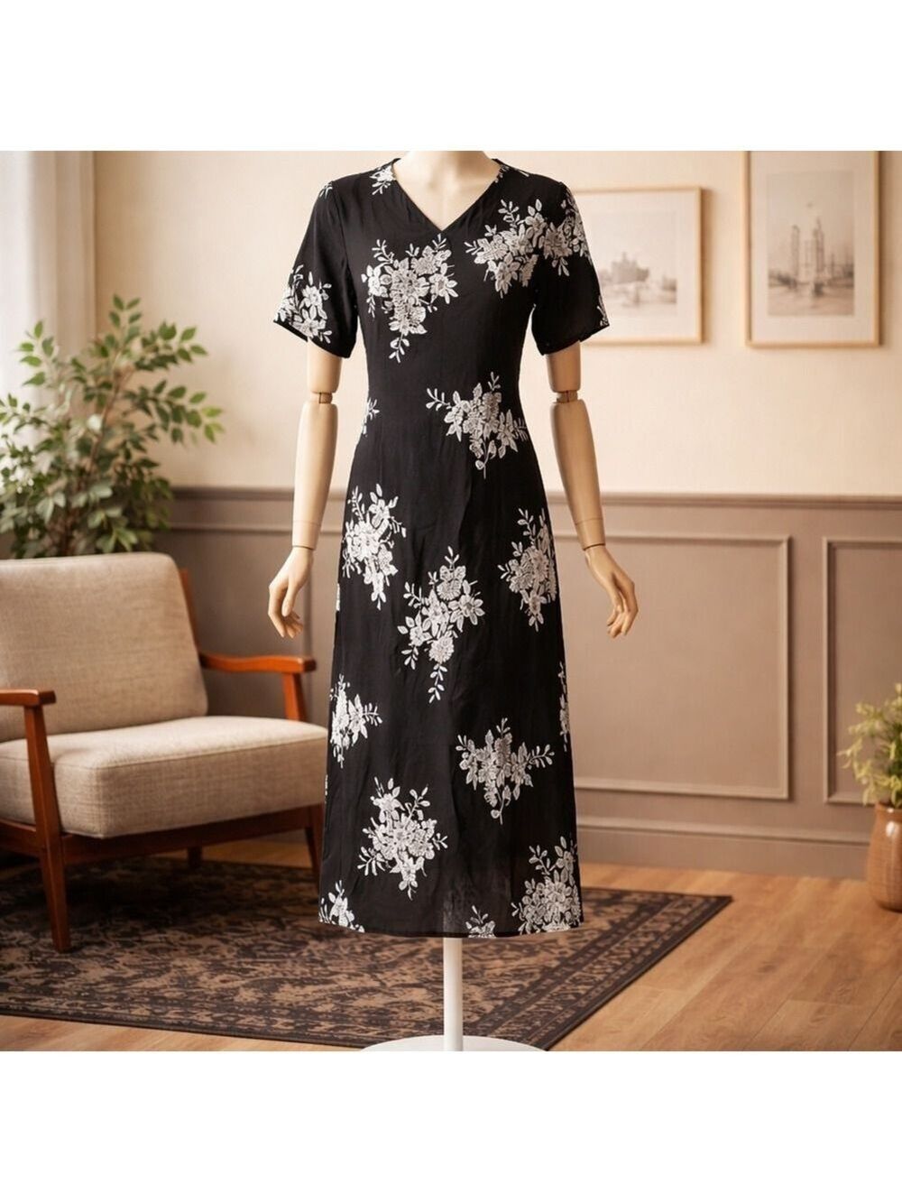 Vintage Evan Picone Dress Womens Black Floral Maxi 90s Cottage Country, Size 16W